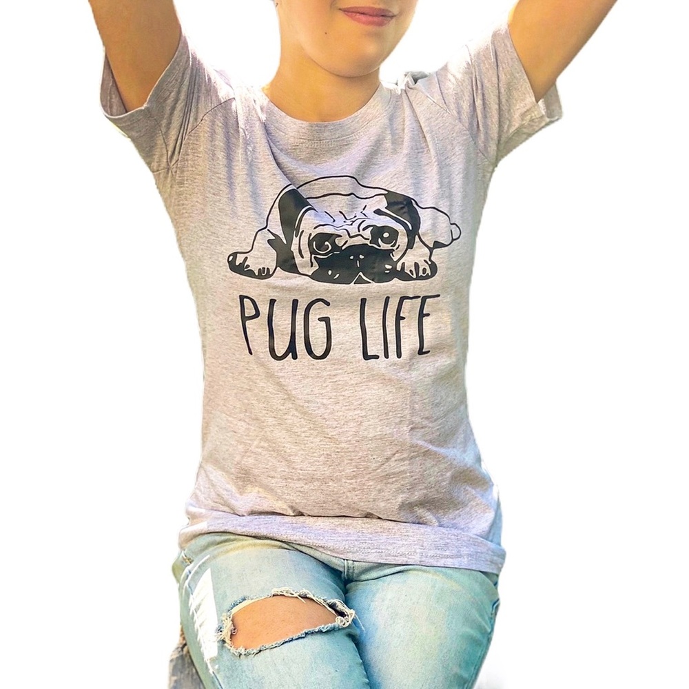 Pug Life Graphic Dog T-Shirt Grey Black Size Medium